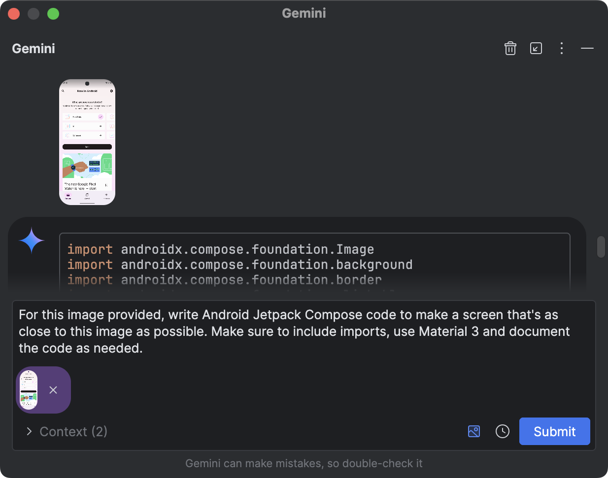 Gemini dialog with Image Attachments